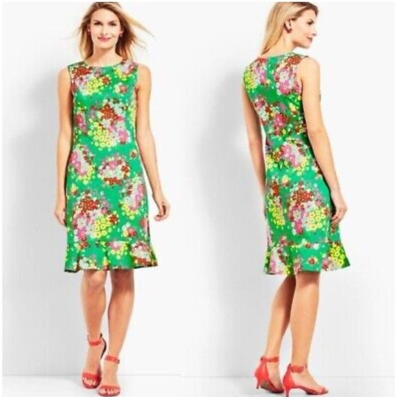 Talbots Dress 4 P 4P Green Floral Sleeveless Stretch Cotton Summer Washable - Picture 1 of 10